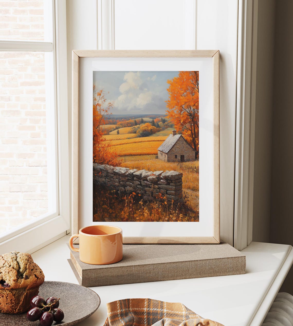Stone Cottage and Rock Wall in Golden Autumn Field Landscape Poster - Image 6