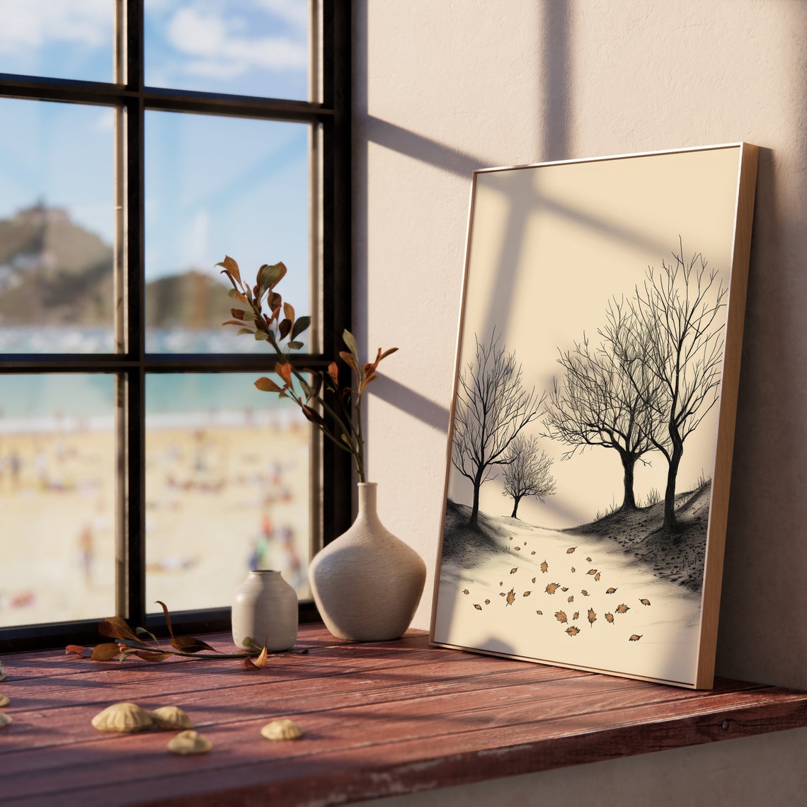 Autumn Orchard With Scattered Orange Leaves Monochrome Sketch Poster - Image 5