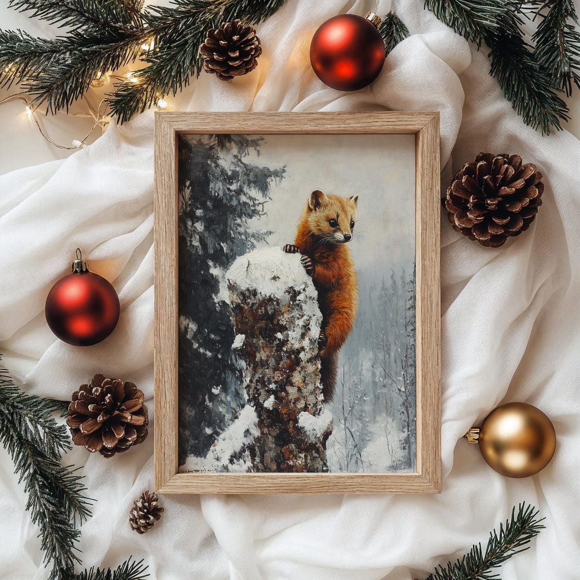 Red Woodland Mammal Climbing Snowy Tree Stump Winter Forest Art Poster - Image 4