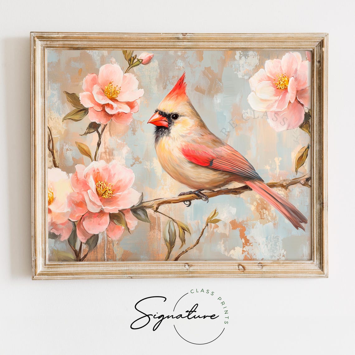 Female Northern Cardinal Among Pink Camellia Blossoms Poster