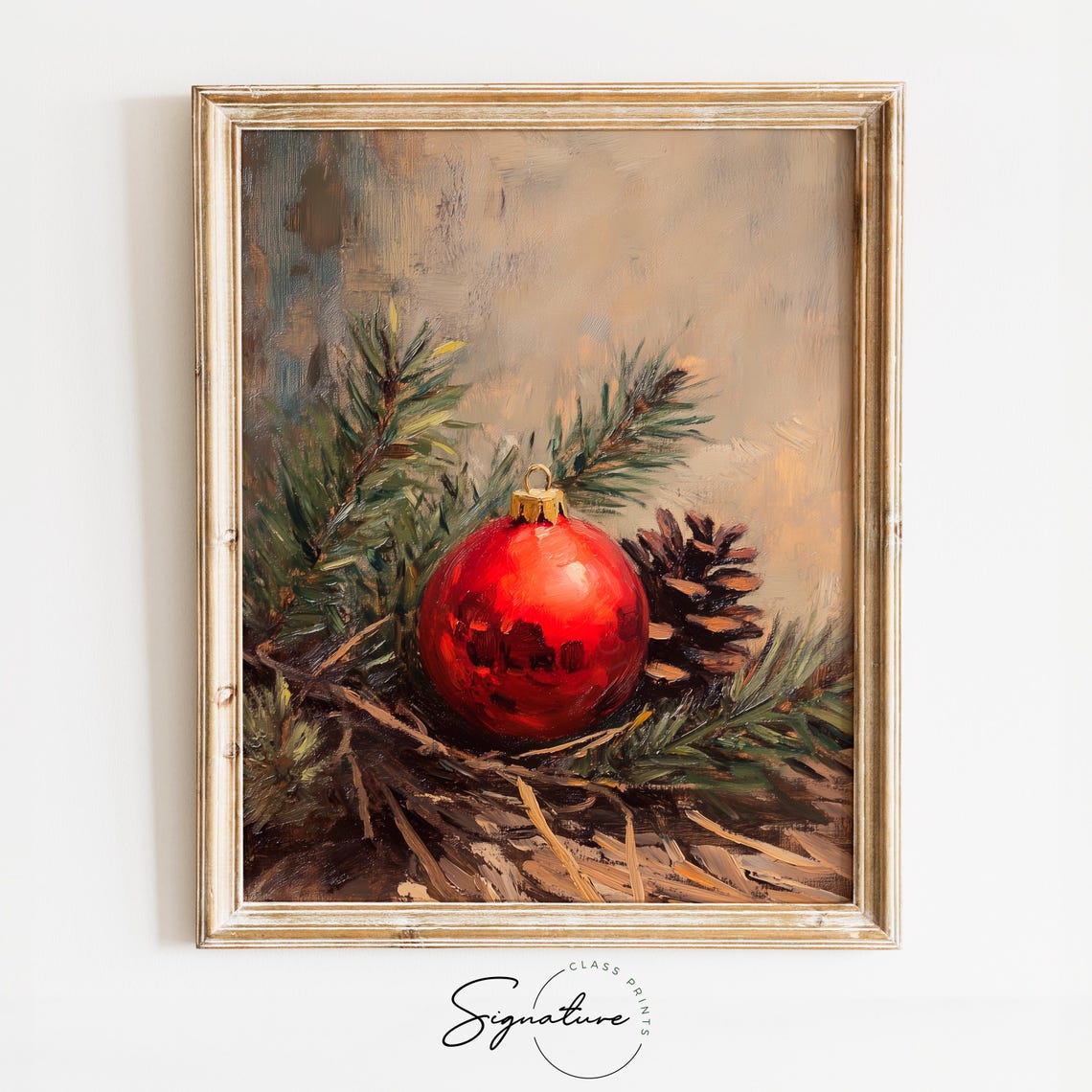 Red Christmas Ornament With Pinecone and Evergreen Branches Poster