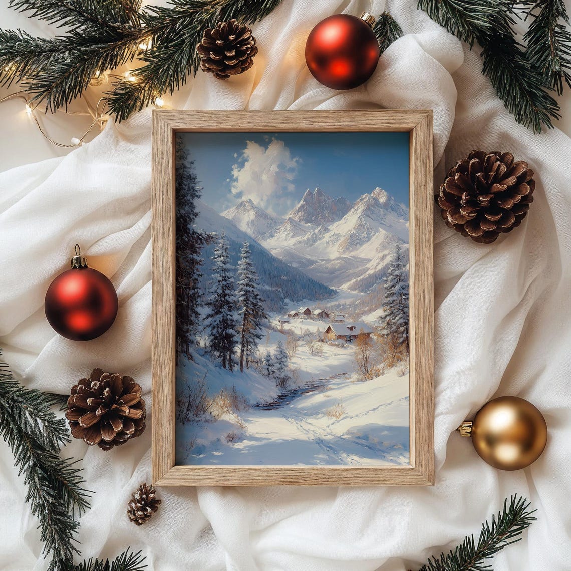 Snowy Mountain Village Cabins Alpine Winter Landscape Poster - Image 4
