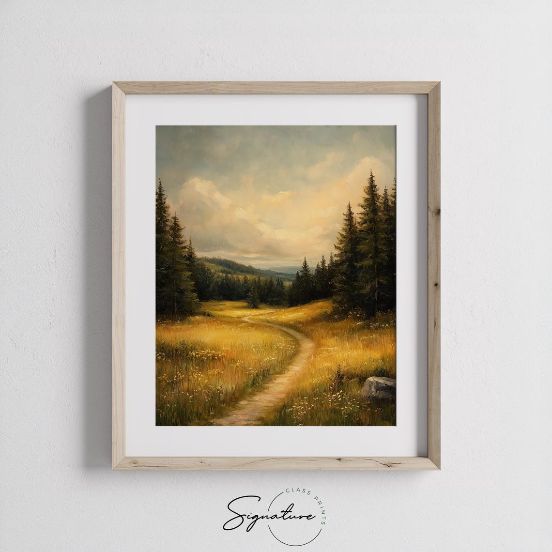 Broad Meadow Path Under Golden Sunlight With Pines Pastoral Art Poster - Image 2