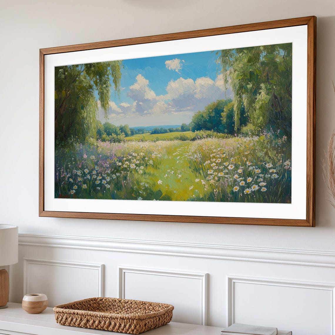Daisy Meadow Framed By Willow Trees Under Blue Sky Frame TV Wall Art - Image 2