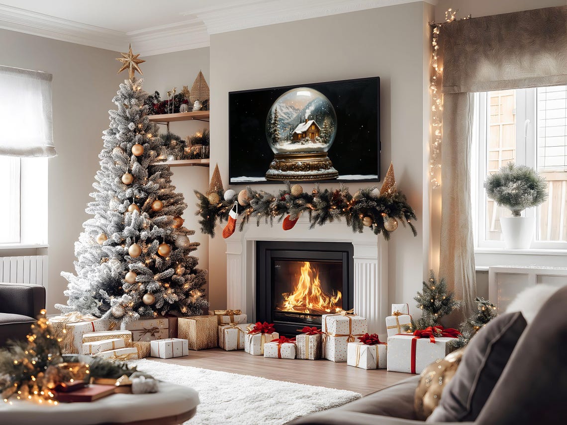 Snow Globe With Log Cabin Snowy Mountains Gold Base Still Life Poster - Image 2