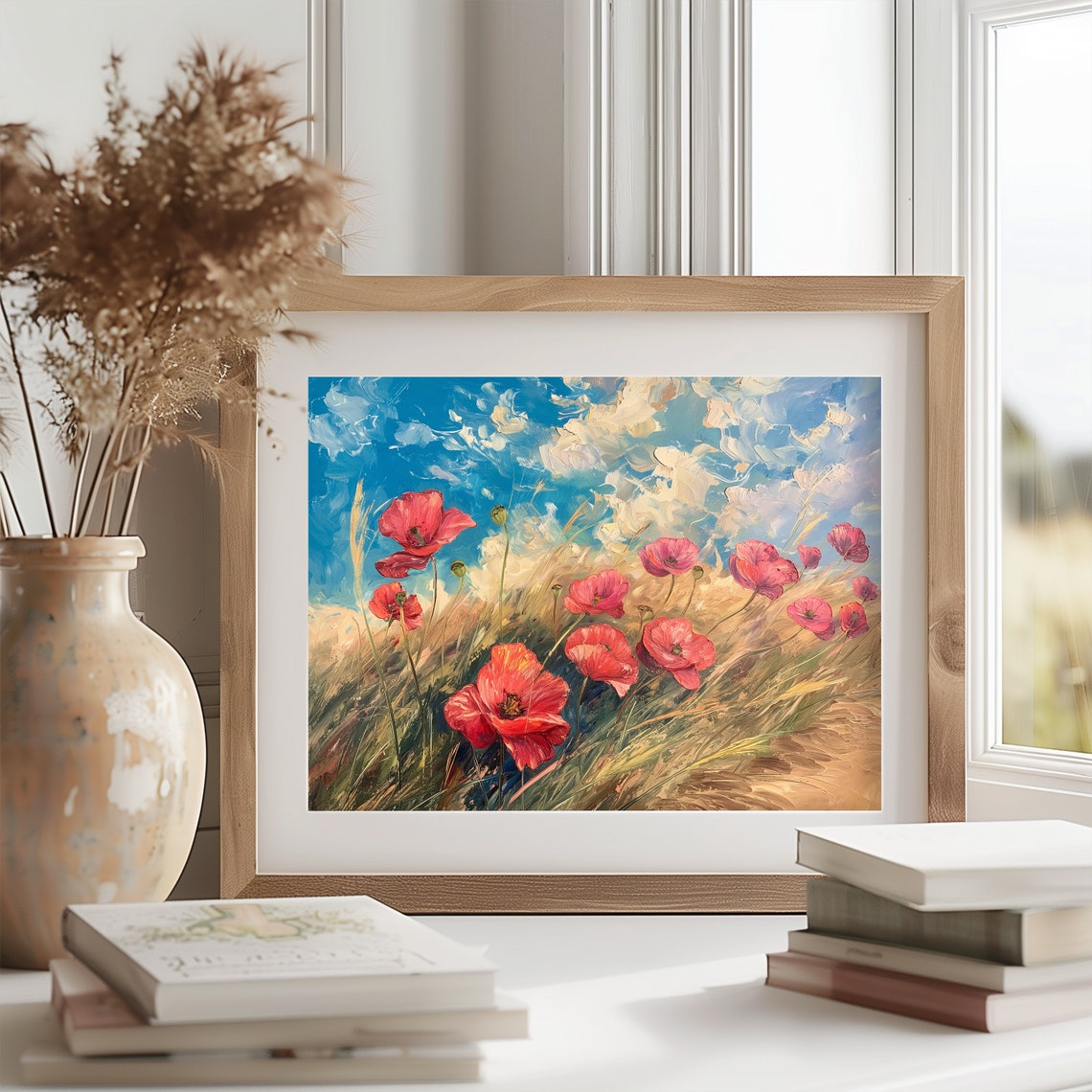 Red Poppies in Grass Bright Blue Sky Impressionist Oil Painting Poster - Image 2