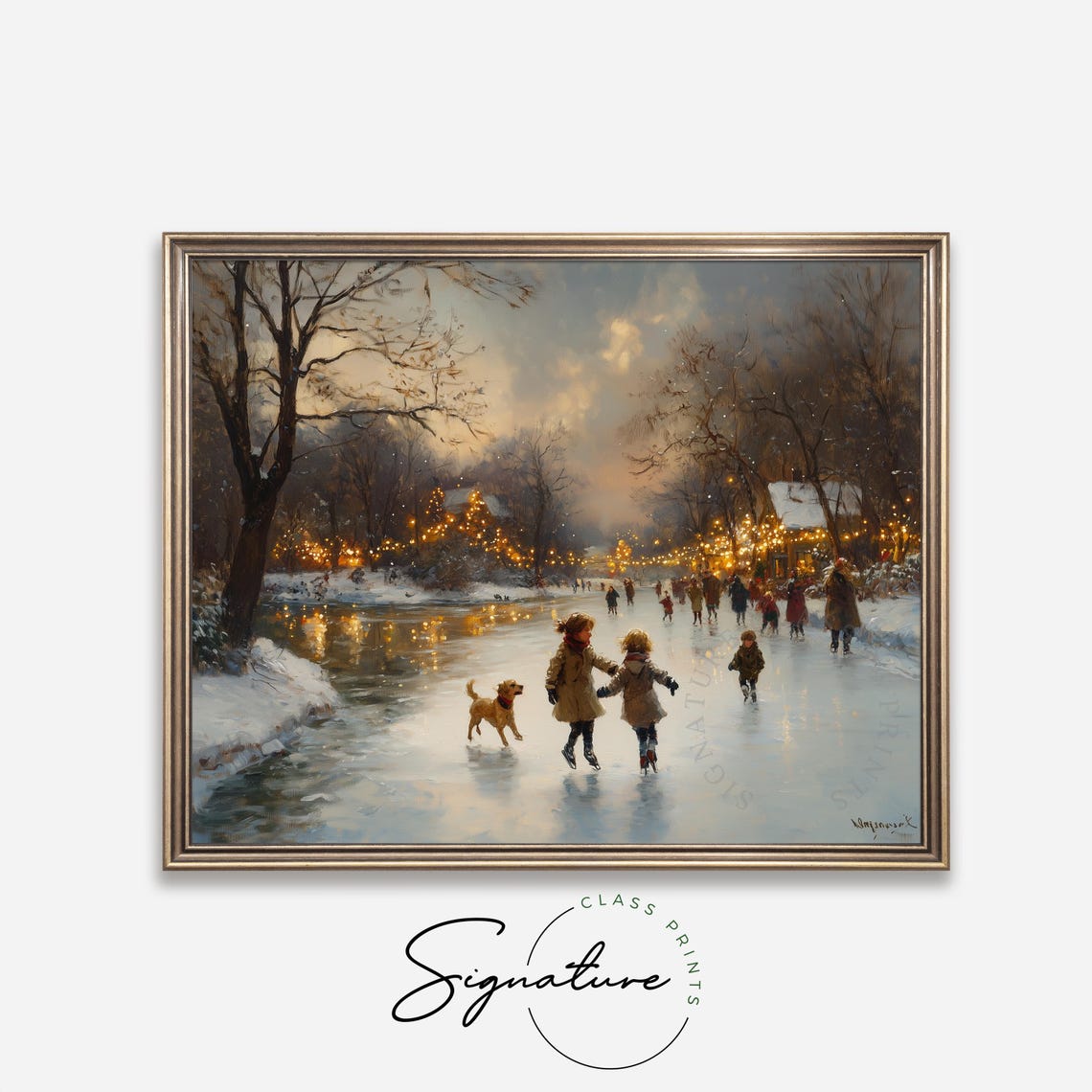 Winter Ice Skating on a Frozen Pond With Children and Dog Poster - Image 4