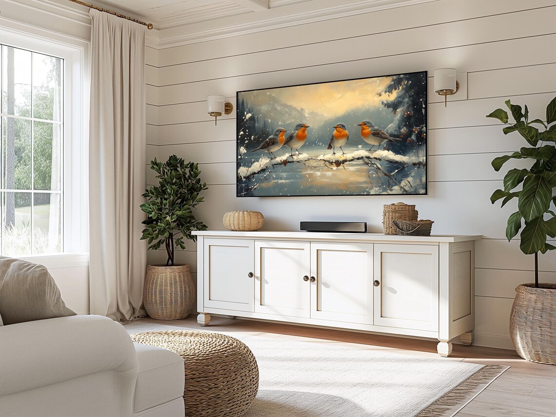 Winter Robin Quartet Perched On Snowy Branch Misty Mountain Sunset Art Poster - Image 3