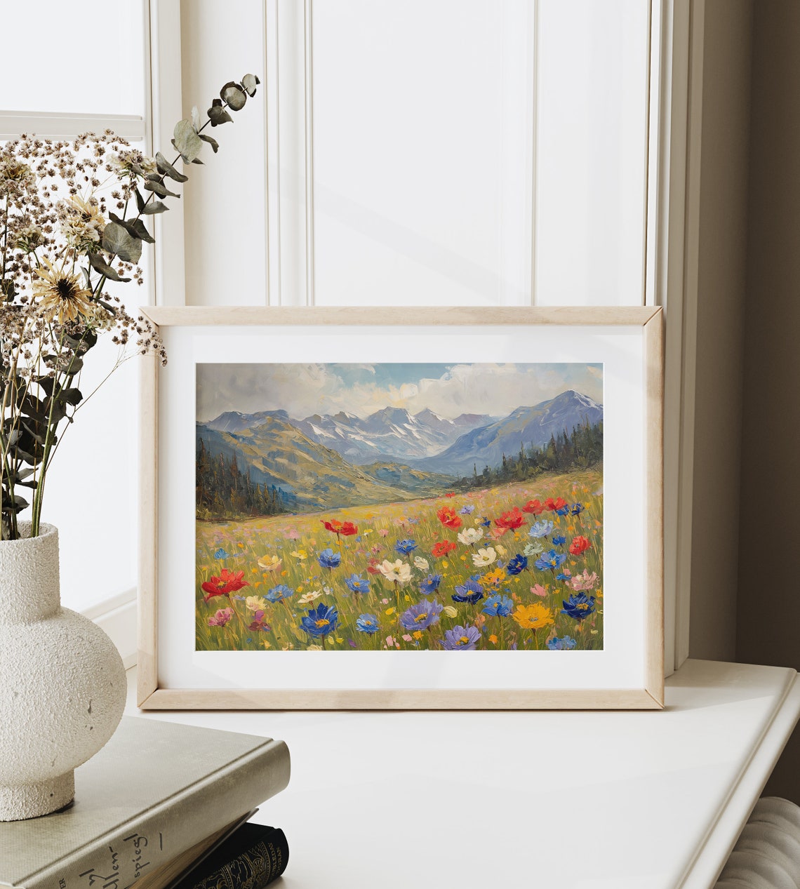 Vibrant Wildflower Meadow Beneath Snowy Peaks Colorful Art Poster - Image 6
