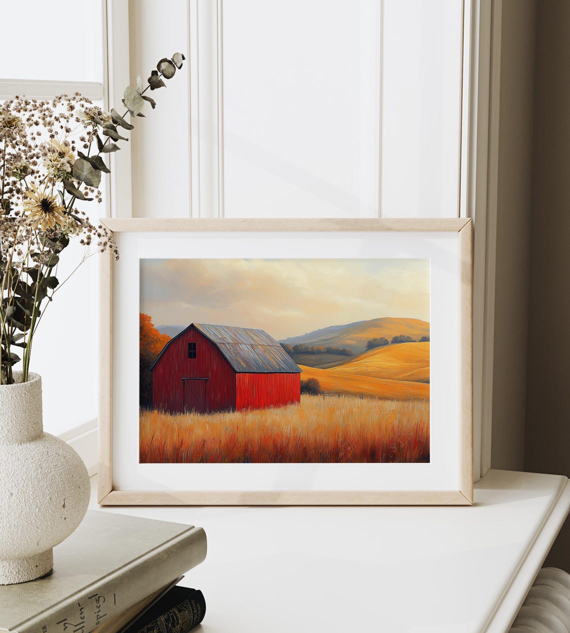 Red Barn Autumn Field Golden Sunset Rolling Hills Farm Wall Art - Image 6