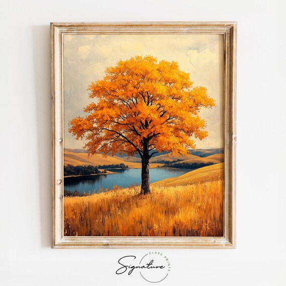 Lone Golden Tree Lakeside Meadow Sunset Landscape Painting Print