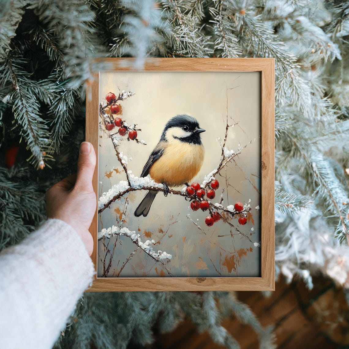 Chickadee on Snowy Branch with Bright Red Berries Winter Print - Image 6