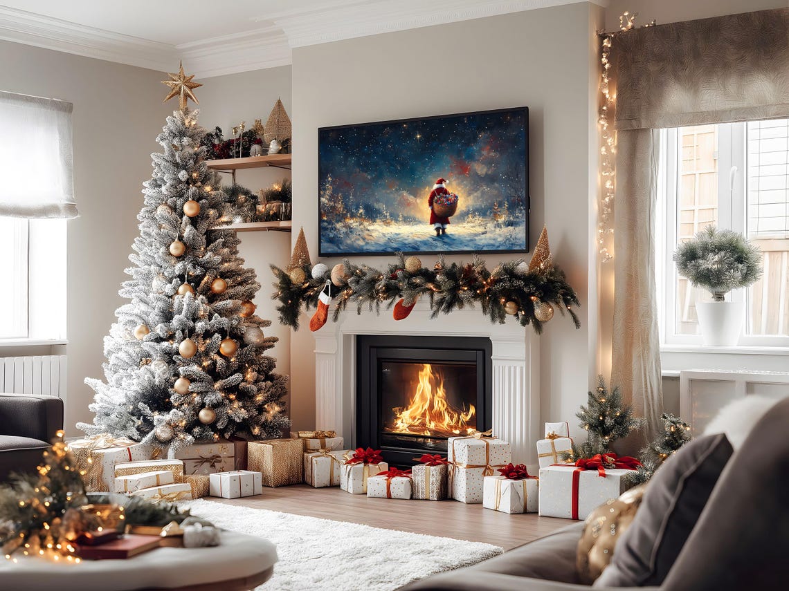 Santa Claus Carrying Sack Of Toys Winter Frame Tv Art Starlit Night Christmas Scene Vintage Holiday Tv Art Festive Christmas Decor 2328 - Image 2