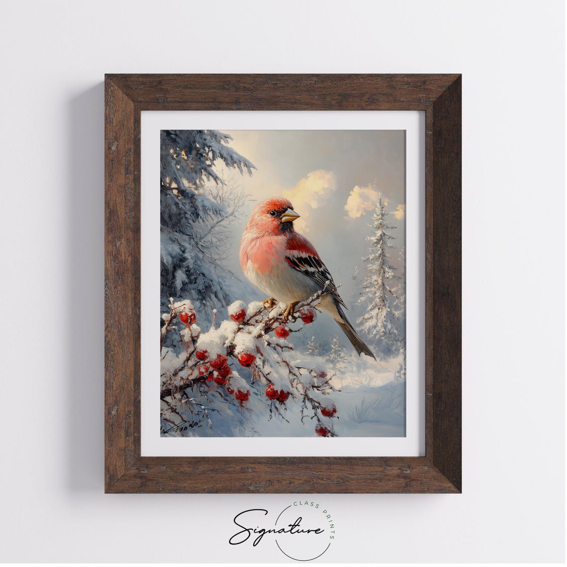 Charming Pine Grosbeak Bird On Snowy Berry Branch Wildlife Poster - Image 2