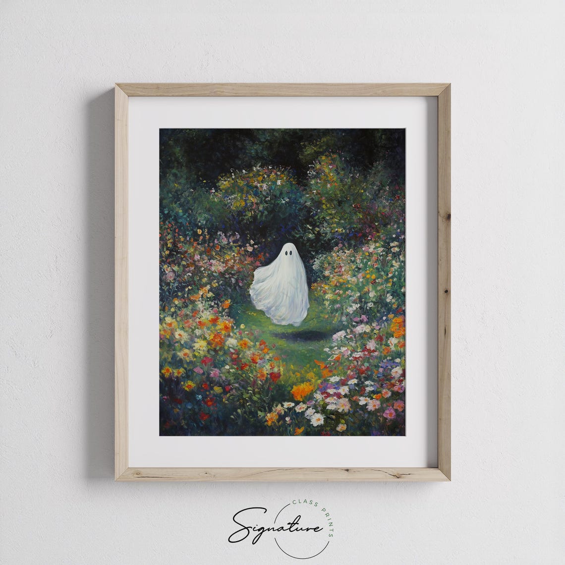 Whimsical Ghost Floating Among Wildflowers in a Dark Garden Poster - Image 3
