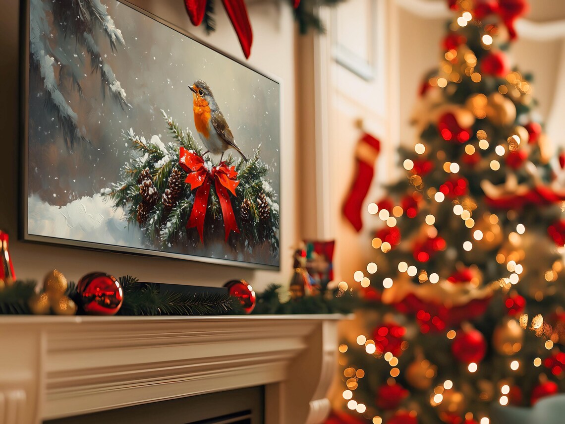 Robin Resting on Snowy Fir Garland With Red Bow Holiday Bird Poster - Image 5