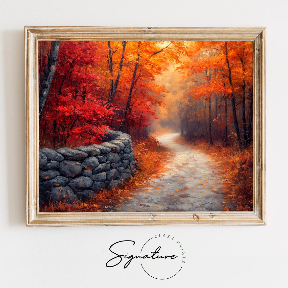 Misty Autumn Lane With Old Stone Wall Beneath Flaming Red Trees Poster