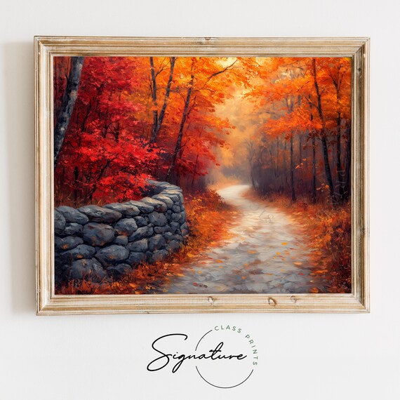 Misty Autumn Lane With Old Stone Wall Beneath Flaming Red Trees Poster