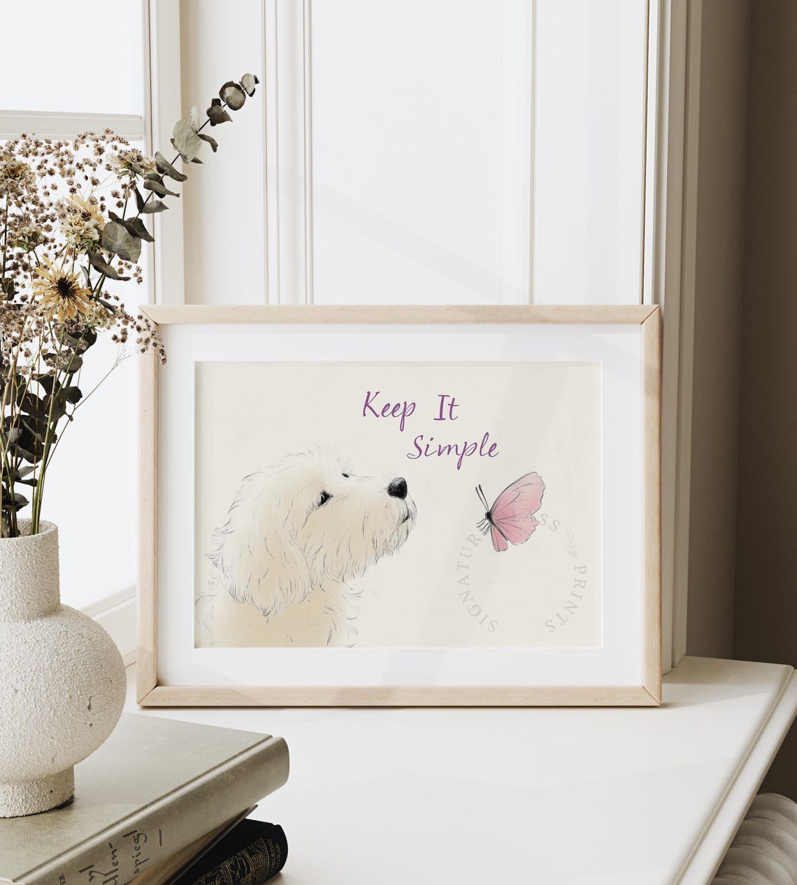 Keep It Simple Fluffy White Dog Pink Butterfly Calm Minimal Wall Art - Image 6