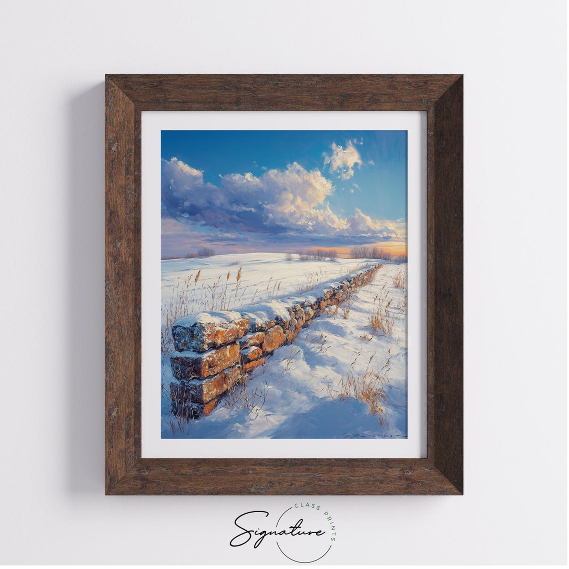 Snowy Stone Wall Winter Field Dramatic Bright Sky Landscape Poster - Image 2