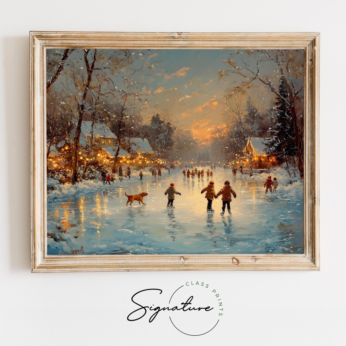 Children Ice Skating on a Frozen Pond in a Snowy Village Sunset Poster