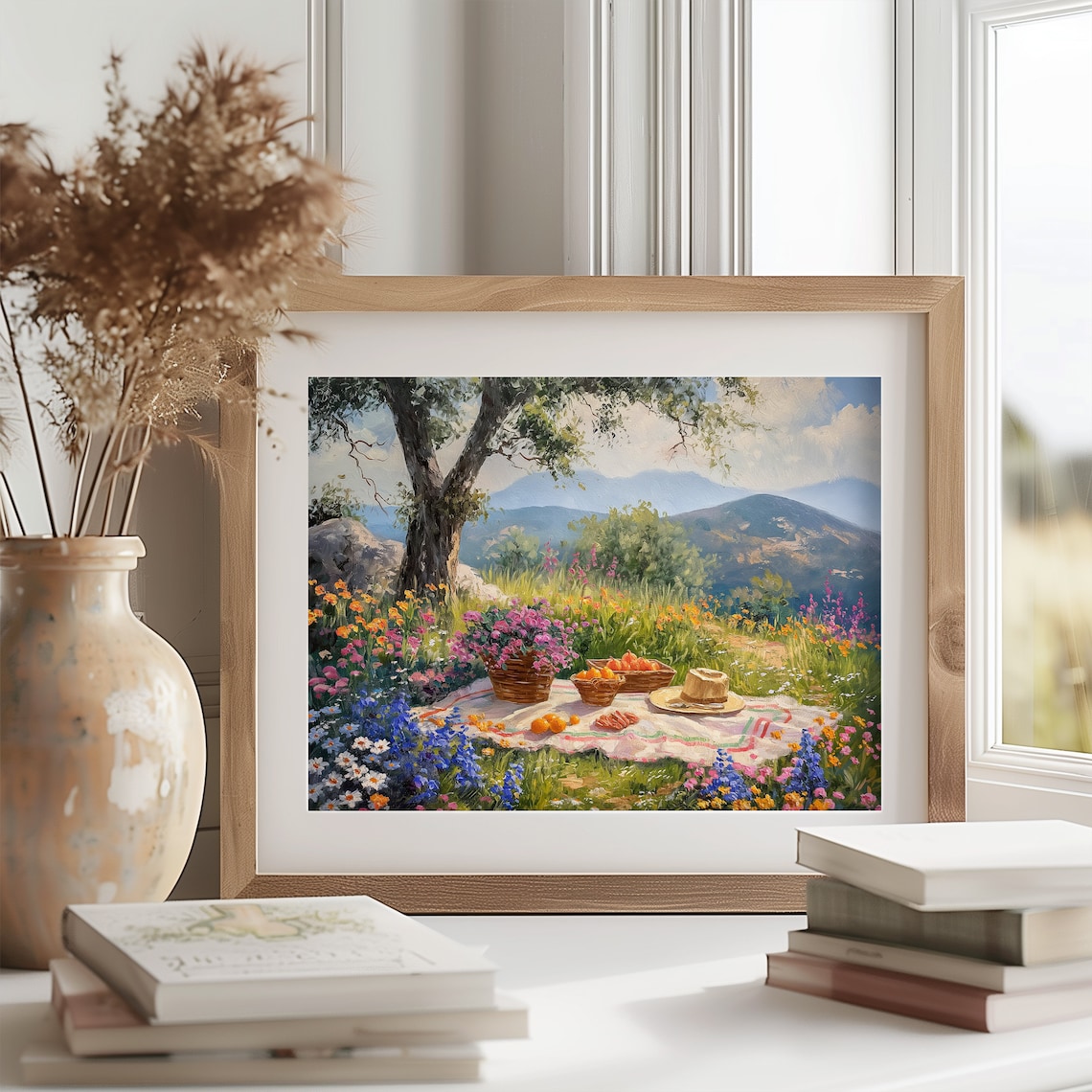 Wildflower Picnic Basket Fruit Summer Meadow Mountains Vintage Oil Poster - Image 2