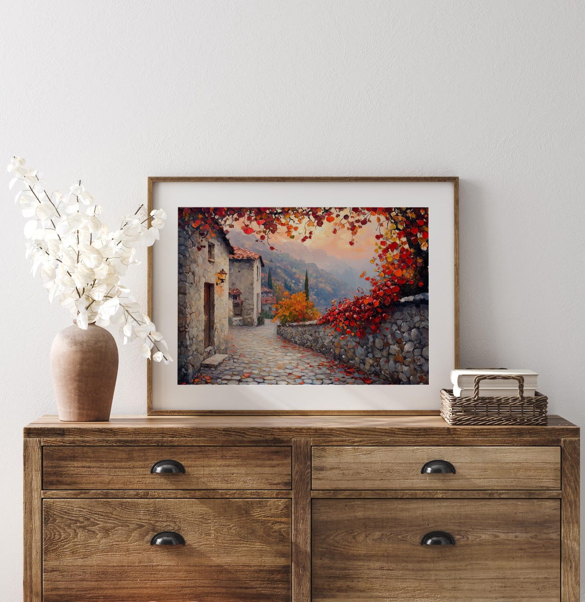 Cobblestone Village Lane Autumn Vines Stone Wall Rustic Fall Wall Art - Image 3