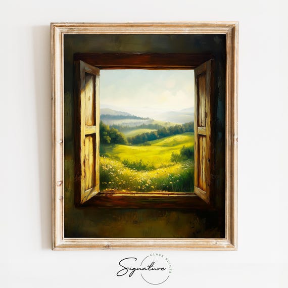 Rolling Hills Through An Open Window Landscape Oil Painting Rustic Country Wall Art Farmhouse Nature Print Artwork 3668