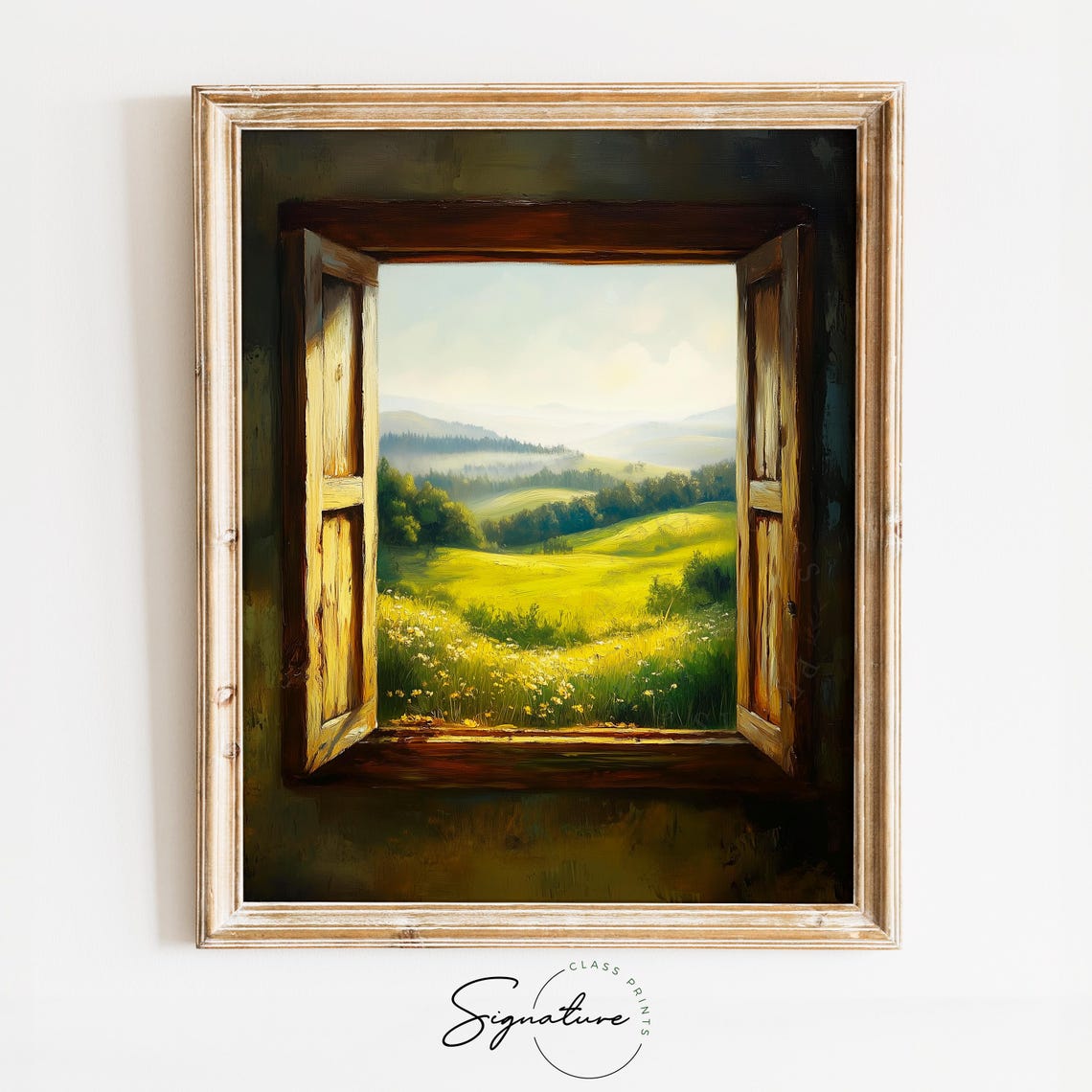 Rolling Green Hills Through Open Window Rustic Oil Painting Poster
