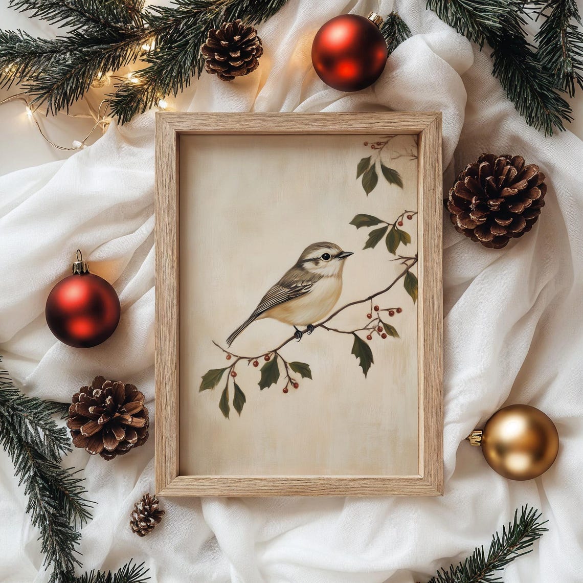 Little Winter Bird on Mistletoe Branch with Red Berries Poster - Image 4