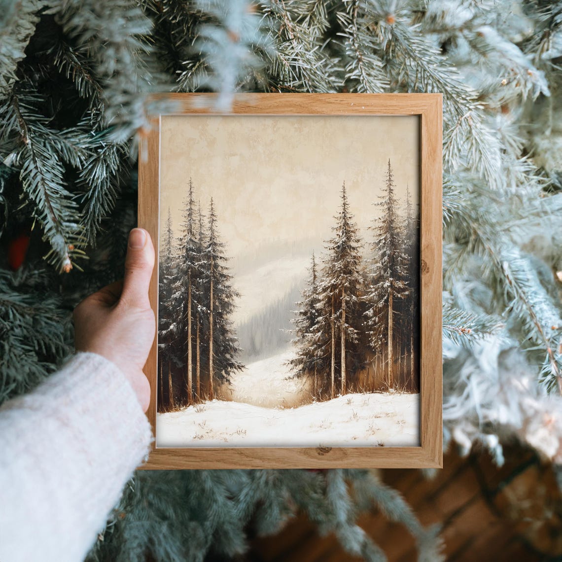 Snowy Path Through Tall Pines in Warm Golden Sunset Light Poster - Image 6
