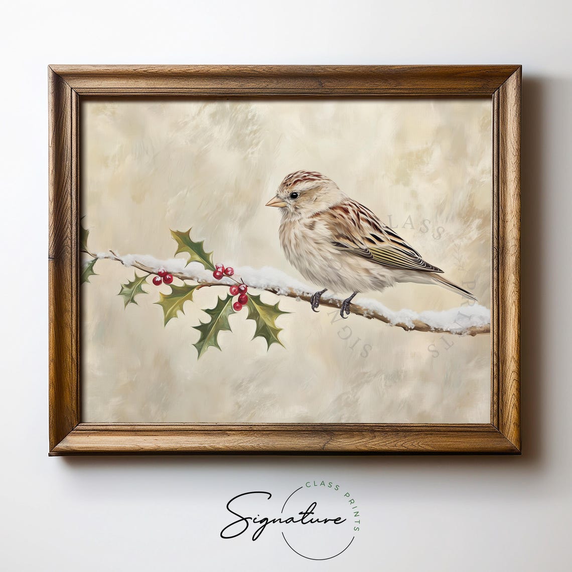 Crimson Redpoll On Snowy Birch Branch With Red Berries Winter Print - Image 5