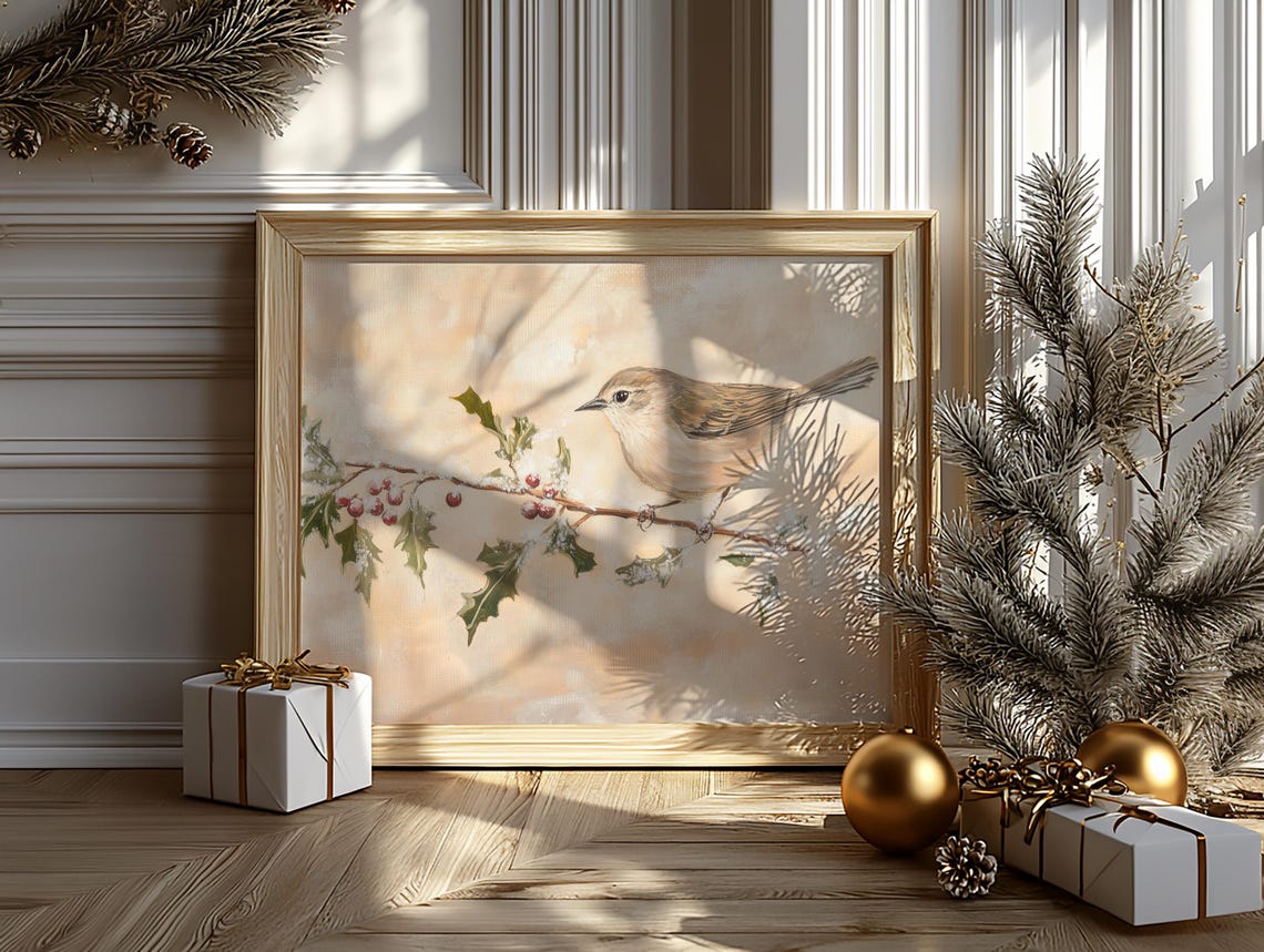 Warbler on Frosty Holly Branch Red Berries Winter Bird Poster - Image 6