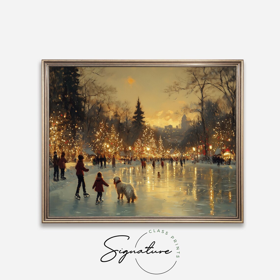 Children Ice Skating at Sunset on Outdoor Rink with Fluffy Dog Poster - Image 4