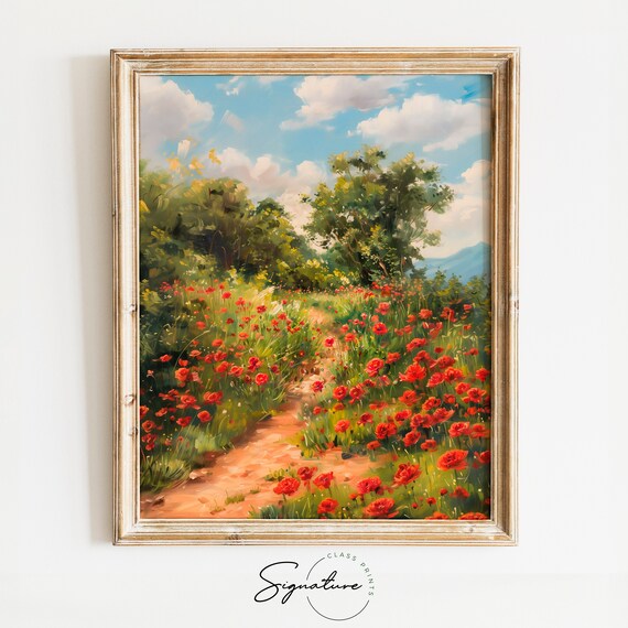 Red Poppy Field Country Path Summer Wildflower Walk Meadow Poster