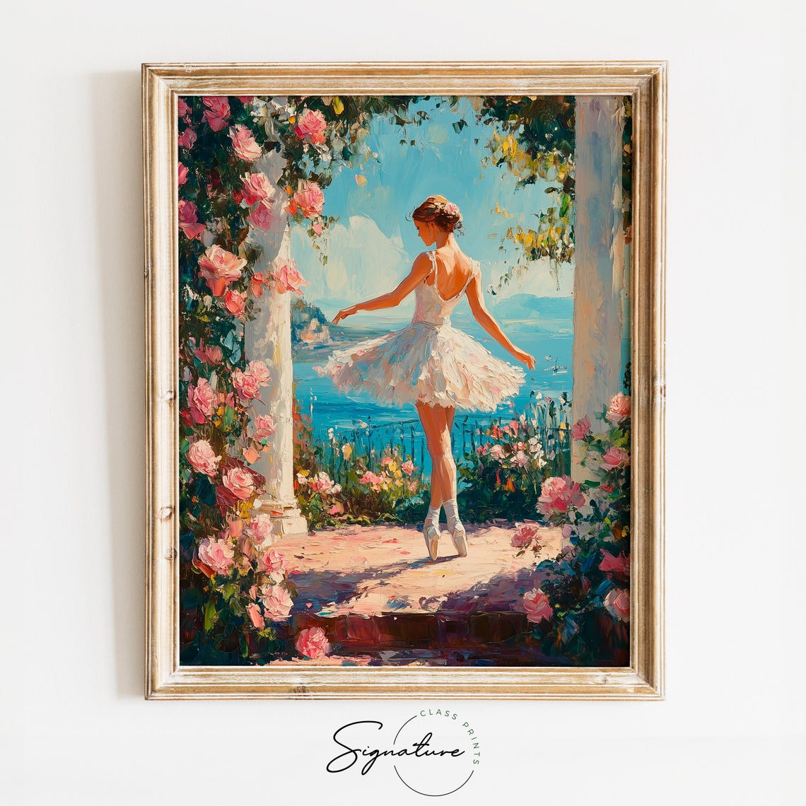 Ballerina on Rose Covered Terrace Overlooking Blue Sea Poster