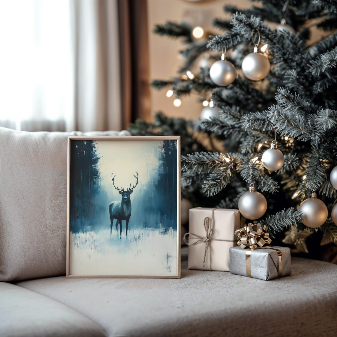 Majestic Stag in Misty Blue Forest Winter Wildlife Oil Painting Print - Image 5