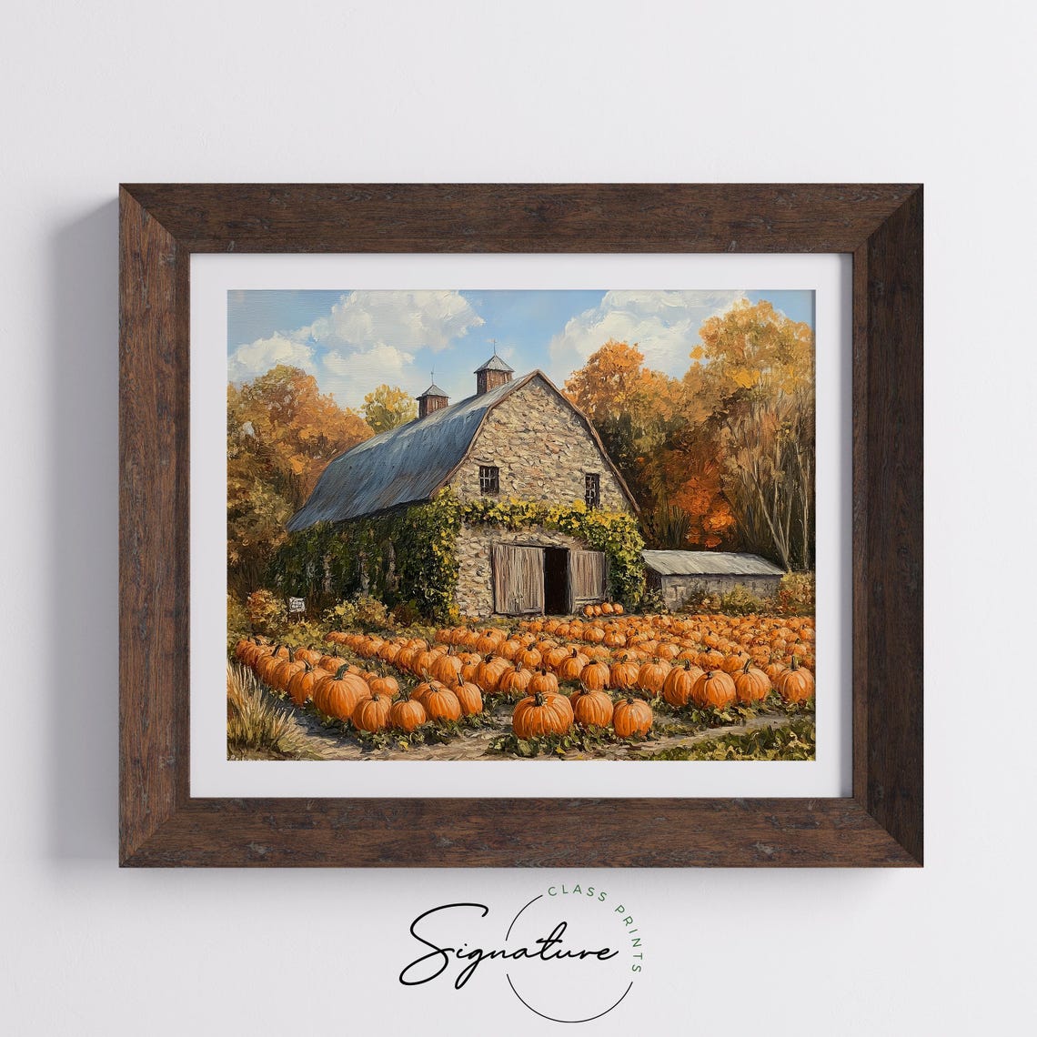 Stone Barn Behind a Bountiful Pumpkin Patch in Golden Autumn Poster - Image 5