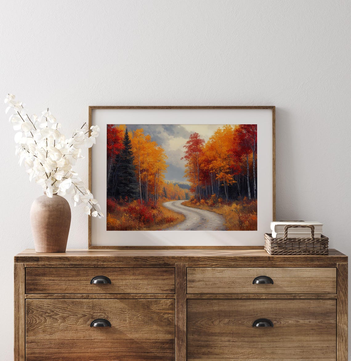 Curving Forest Road Between Tall Trees in Blazing Fall Color Poster - Image 3