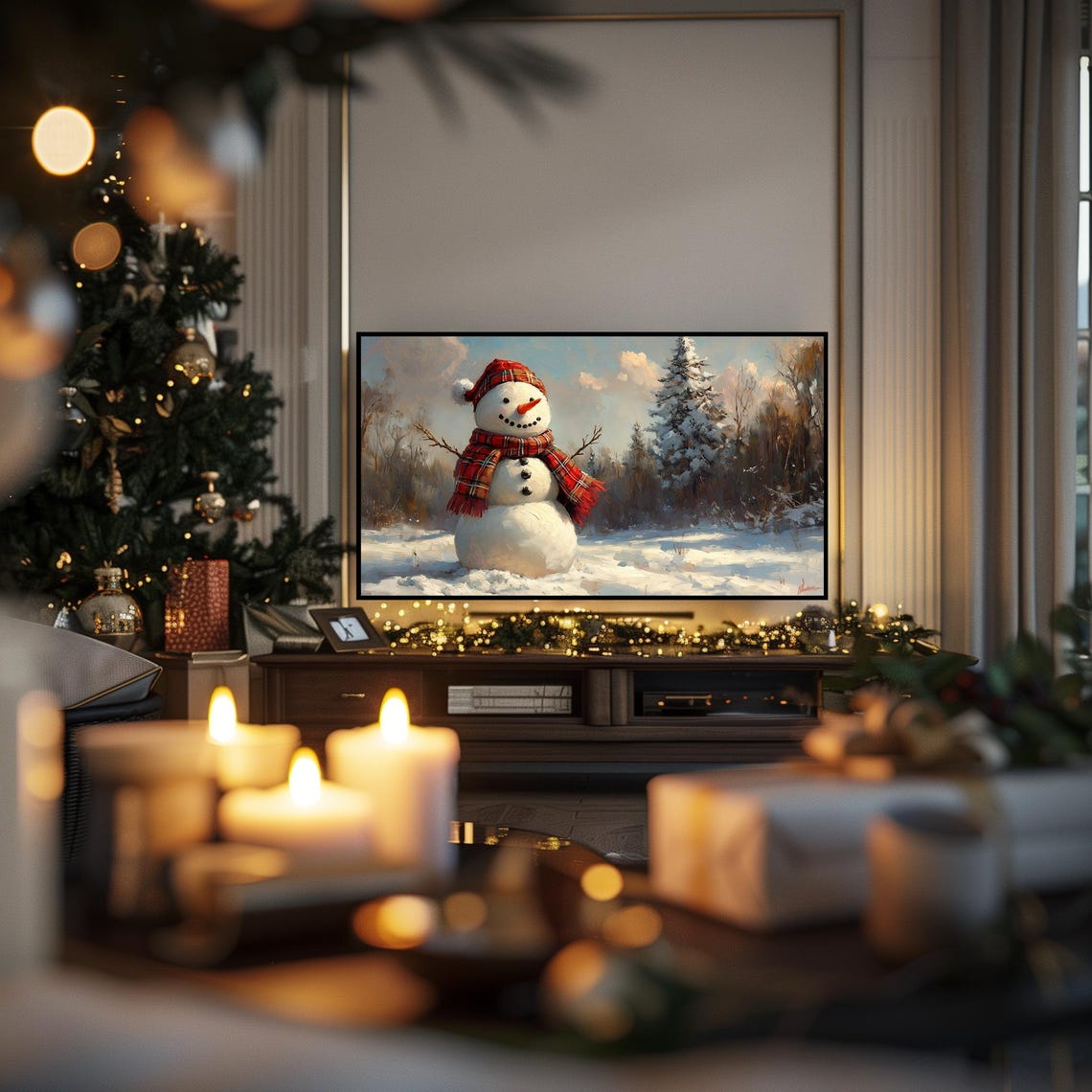 Cheerful Snowman in Plaid Hat and Scarf Snowy Landscape Art Poster - Image 6
