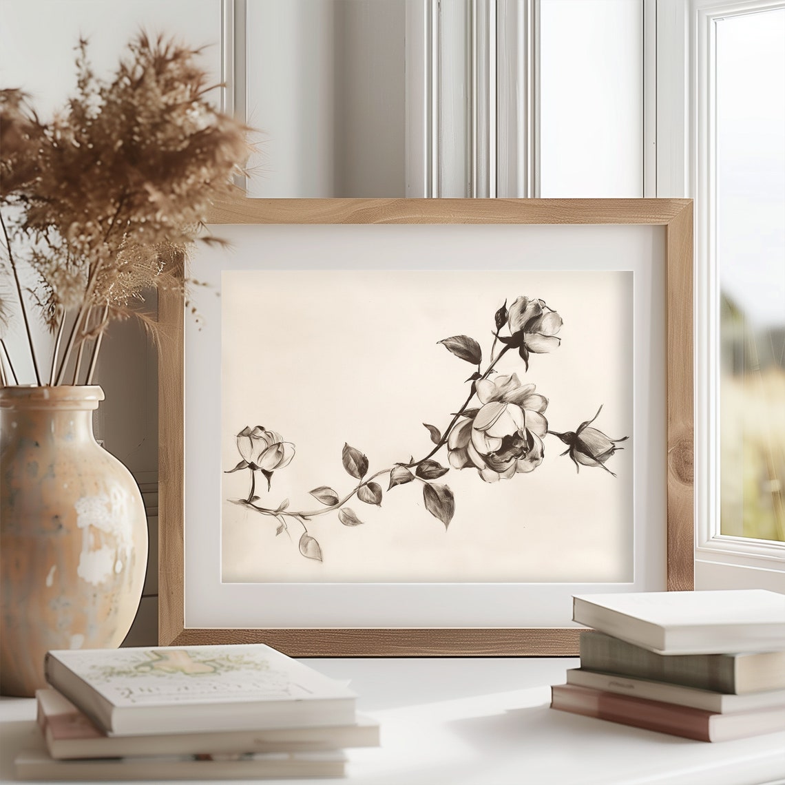 Rose Branch Sepia Pencil Sketch Elegant Vintage Bloom Floral Poster - Image 2