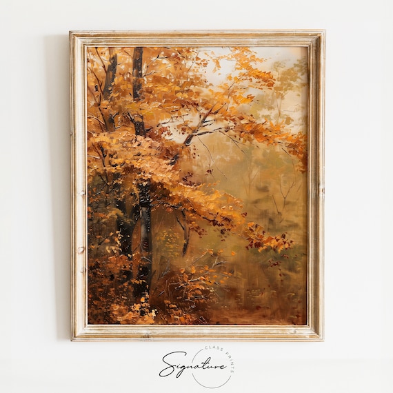 Golden Autumn Maple Forest Morning Mist Warm Fall Foliage Oil Poster