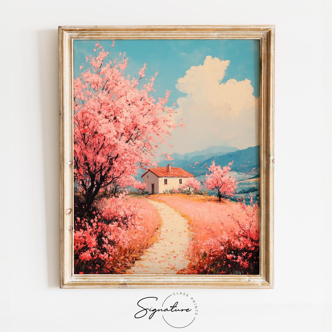 Pink Blossom Orchard White Cottage Mountain Backdrop Spring Poster