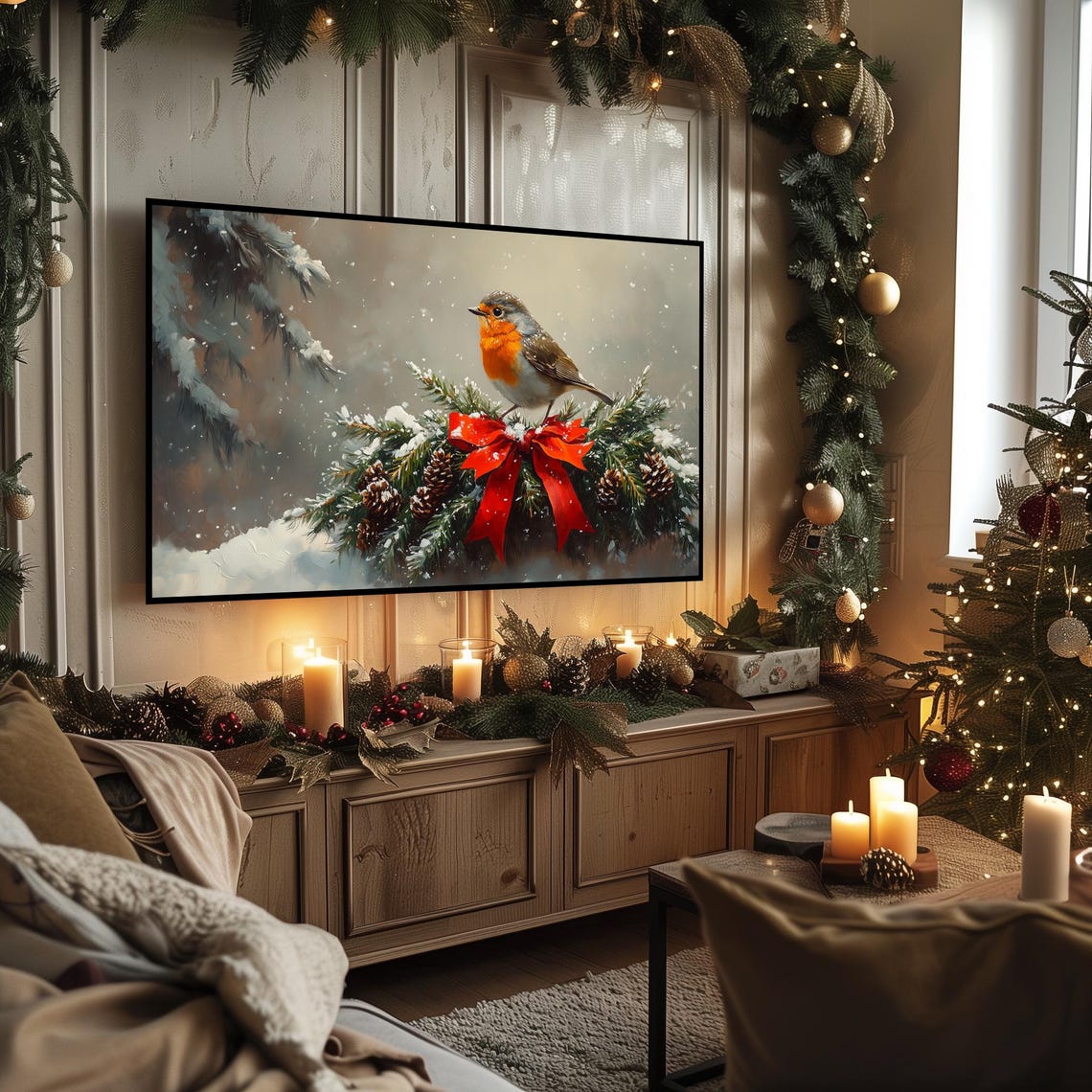 Robin Resting on Snowy Fir Garland With Red Bow Holiday Bird Poster - Image 3