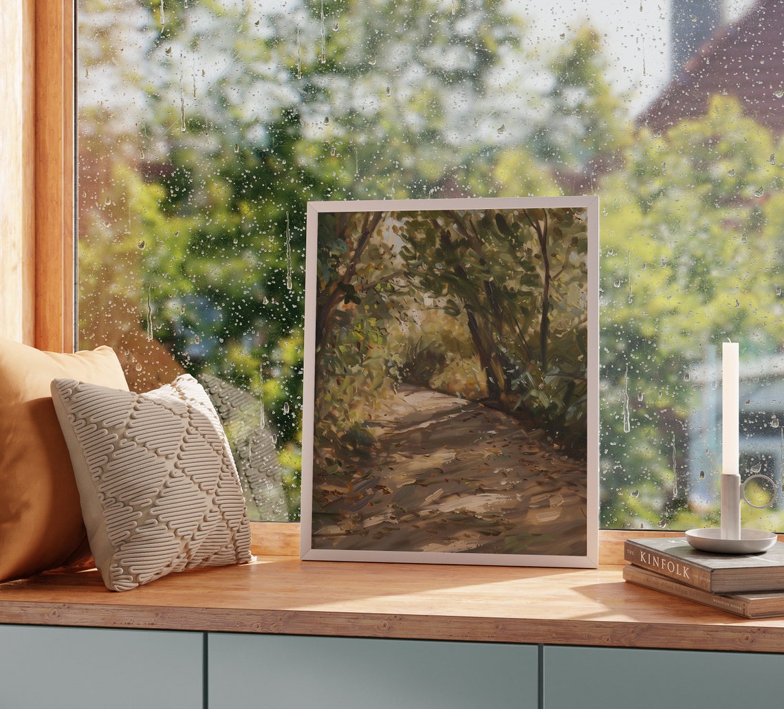 Sunlit Woodland Path with Dappled Light Through Green Trees Poster - Image 2