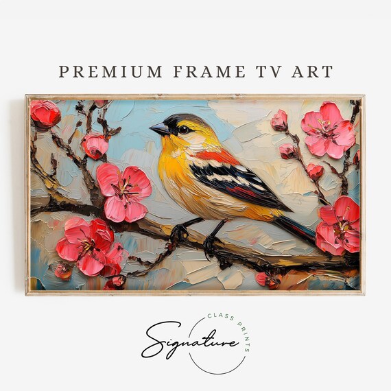 Goldfinch Pink Plum Blossom Branch Colorful Bird Spring Floral Painting Poster
