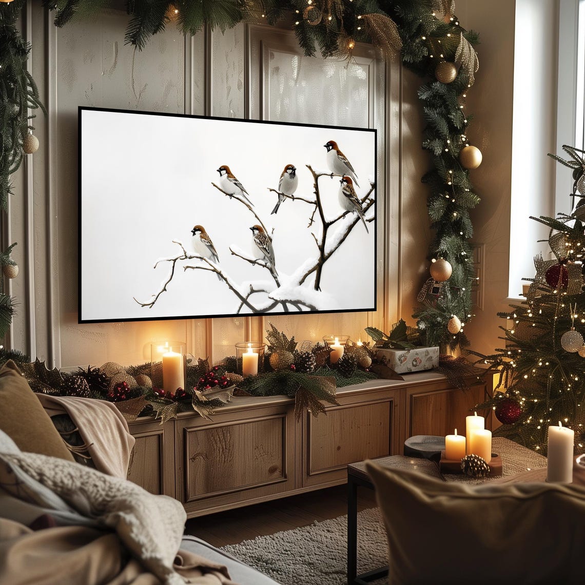 Peaceful Five Sparrows On Snowy Branches Winter Frame TV Art Poster - Image 3