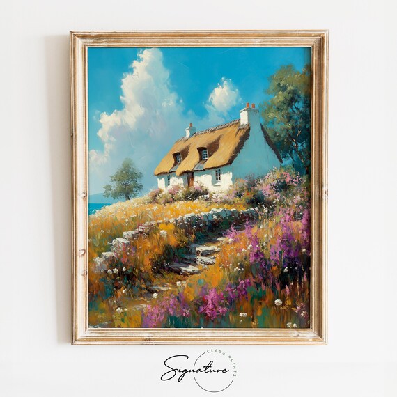 Thatched Roof Cottage in Wildflower Meadow Blue Sky Summer Poster