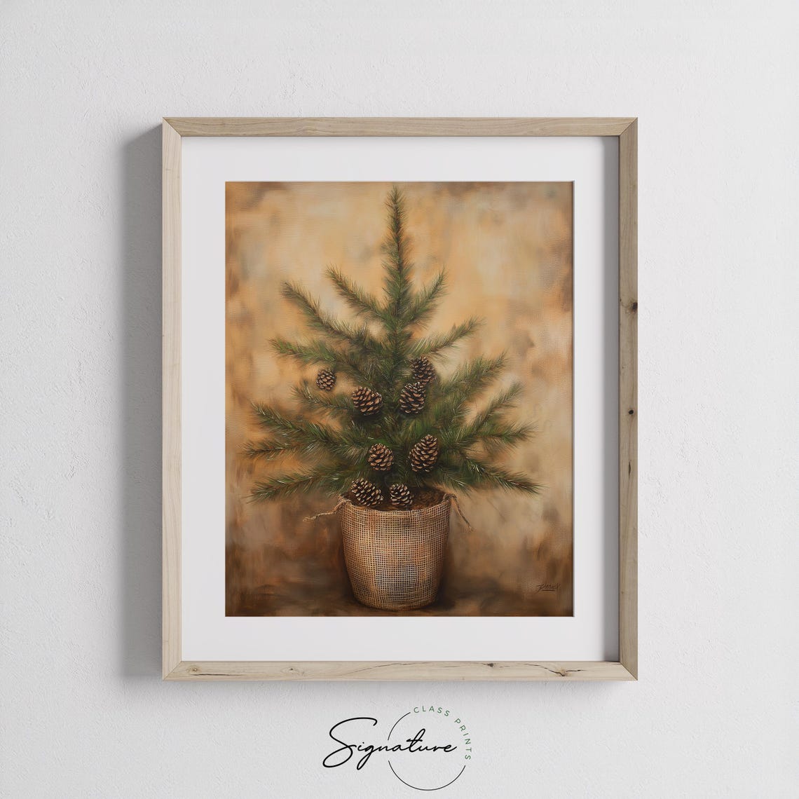 Potted Cedar Tree in Burlap Pot with Pinecones Vintage Style Poster - Image 2