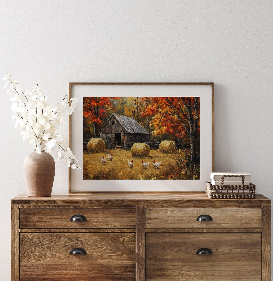 Rustic Barn Chickens Painting Autumn Hay Bales Fall Farm Landscape Poster - Image 3
